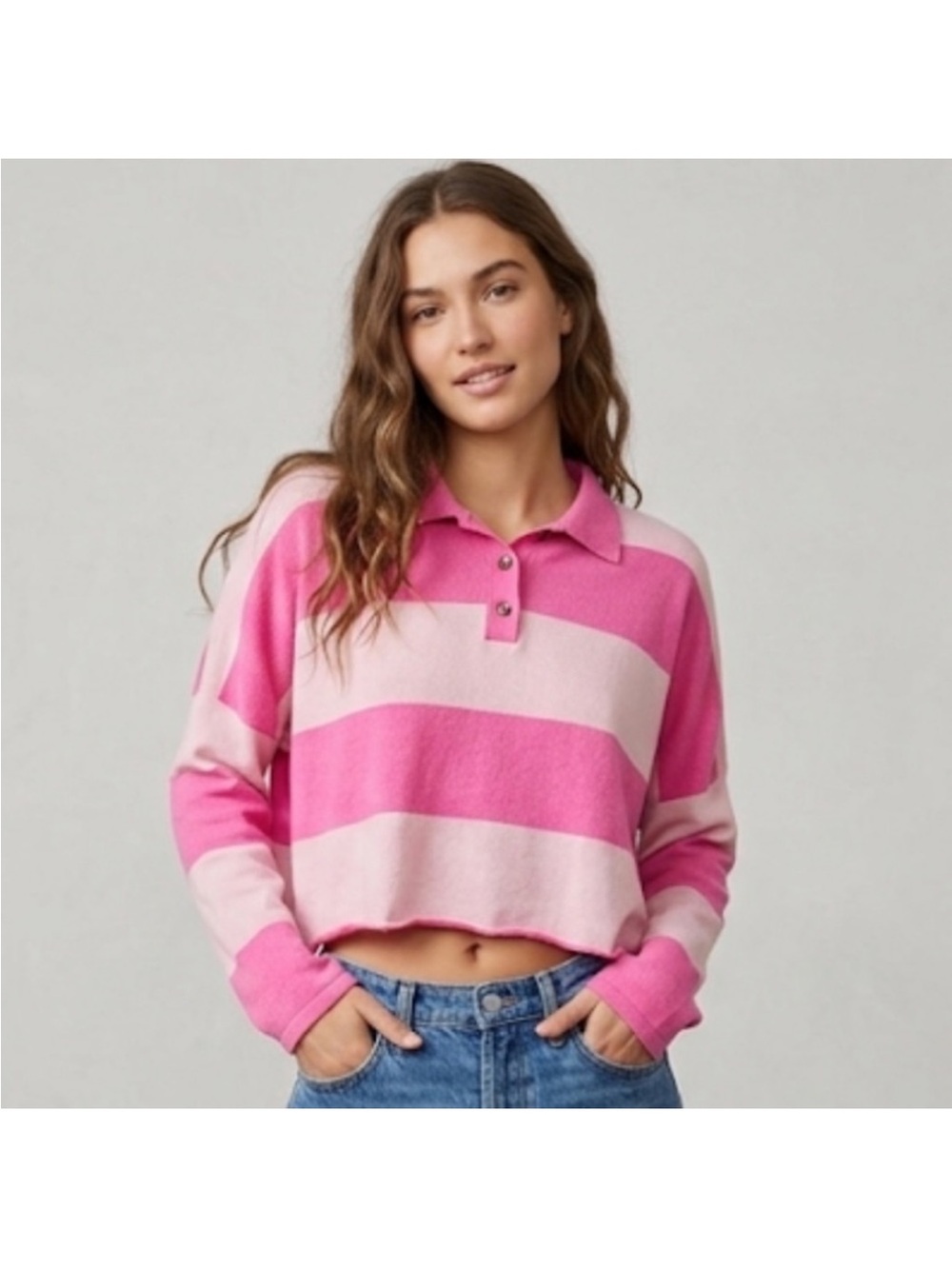 Cropped Pink Striped Polo Sweater